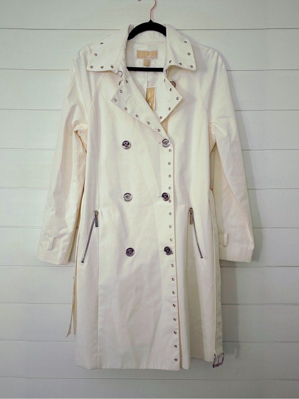 Michael Kors White Double-Breasted Grommet Trench Coat with Stud Accents
